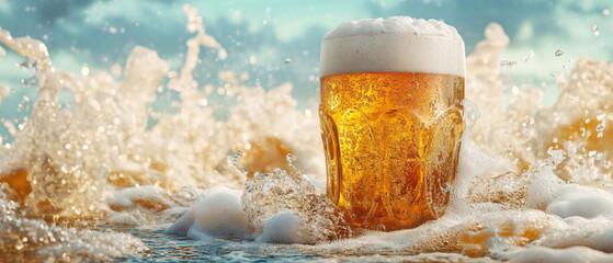Refreshing beer glass surrounded by splashing water, evoking lively atmosphere