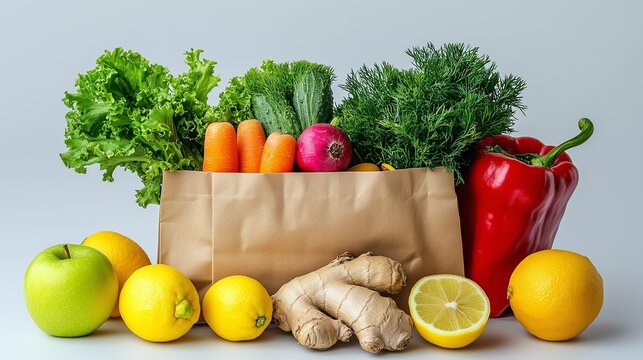 A brown paper bag filled with fresh produce including carrots, lettuce, cucumbers, red onion, dill, red bell pepper, ginger, lemon, and green apple - Powered by Adobe