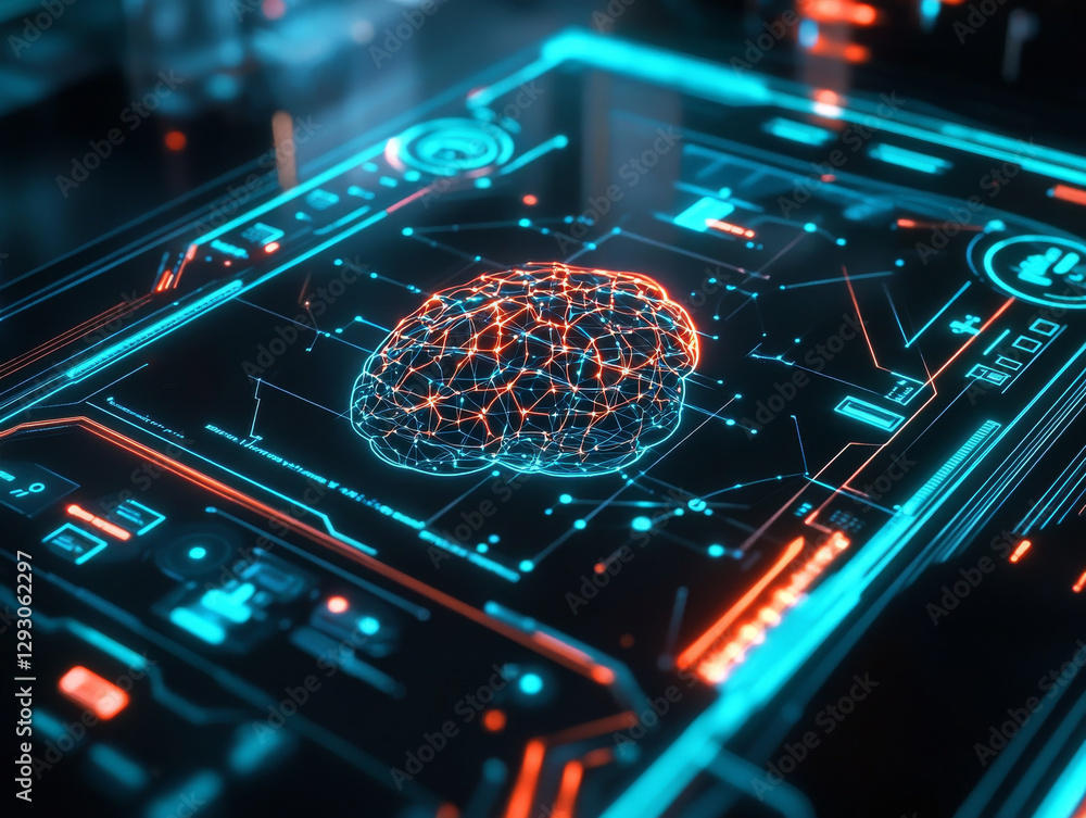 Poster futuristic brain interface design with glowing connections and digital elements