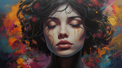 Surreal scene of Sad and depression and anxiety  human concept, alone, lonely, emotion,woman,girl,teenage,lady,female, fantasy painting illustration