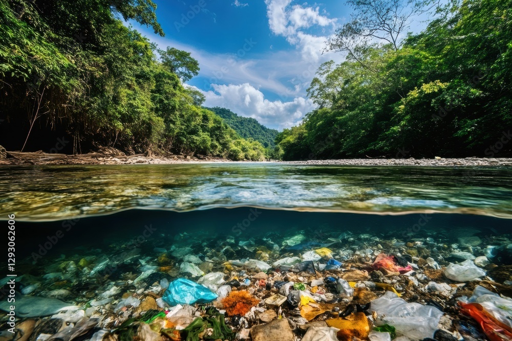 Poster Comparison of a polluted river filled with trash and a clear pristine stream showcasing environmental impact. Generative AI