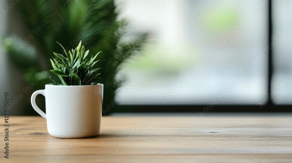Poster minimalist wooden countertop in a cozy cafe setting framed by the soft green foliage visible through