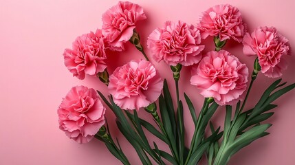 An elegant bouquet of pink carnations against a soft pastel pink backdrop, perfect for Mother's Day, International Women's Day, and other celebrations. Ample space for text.