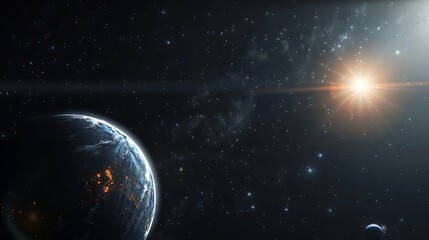 Obraz premium Stunning View of Earth and Distant Planets in a Starry Cosmic Scene with Glowing Sunlight