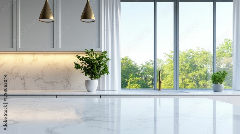 Poster polished marble countertop reflecting soft sunlight from a large window with white curtains creating