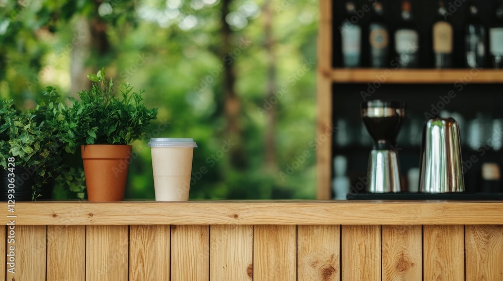 Poster rustic wooden bar situated in a cozy forest themed caf surrounded by lush greenery and a blurred nat