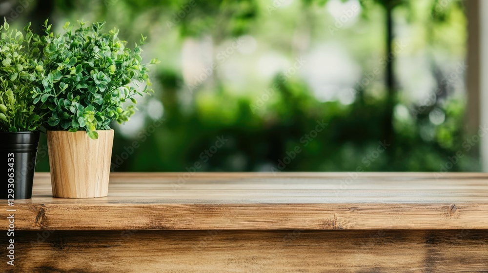 Poster rustic wooden bar set in the cozy ambiance of a forest themed cafe surrounded by lush greenery and a