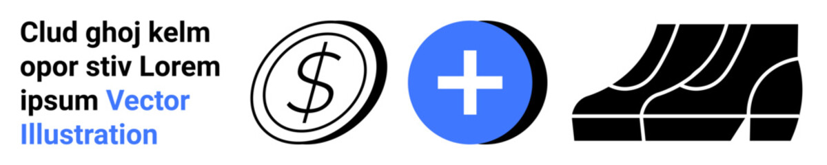 Black dollar coin, blue plus sign, stylized stair steps symbolizing finance, addition, progress, success, growth. Ideal for economy, savings investment collaboration opportunity banking flat