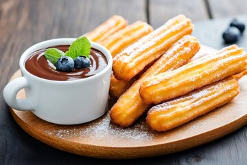 Delicious churros with chocolate dip, mint and blueberries on wooden plate