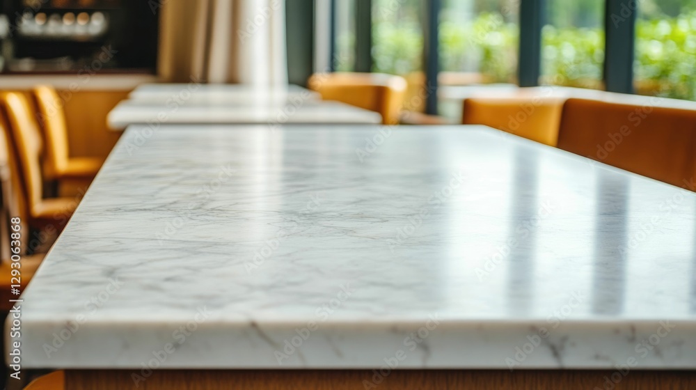 Poster elegant marble countertop in a high end caf setting with soft drapes framing a window and a pictures