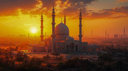 Obraz premium Mosque at sunset against a desert cityscape, enveloped in warm light creating a calm atmosphere