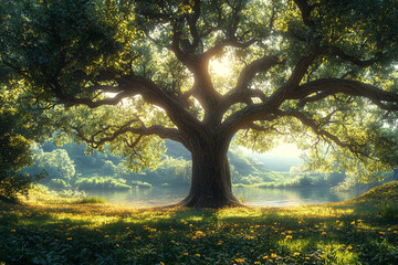 Fototapeta premium Sun-Kissed Tranquility, An Enchanting Vista of Old Tree and Water