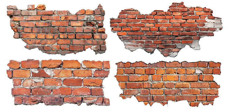 Fototapeta Set of cracked red brick wall fragments, isolated on transparent cutout background