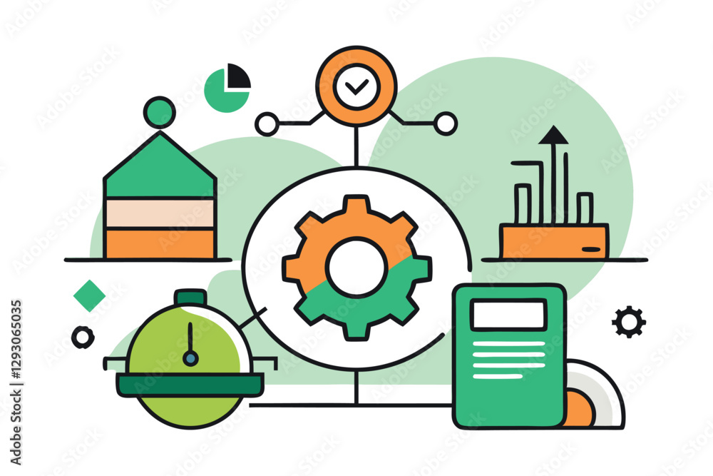 Poster graphic representation of automation concepts with gears and data elements in modern design, graphic