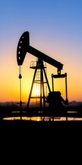 Majestic oil pump silhouetted against a vibrant sunset with colorful sky and dramatic cloud formations