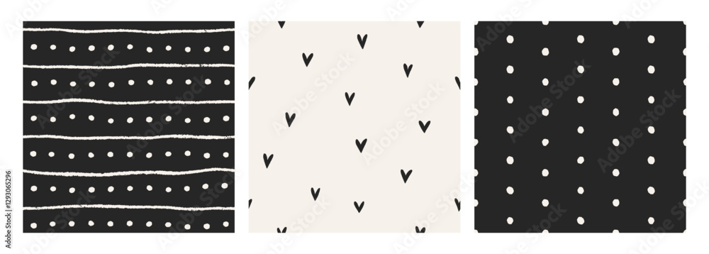 Aufkleber Seamless patterns set with tiny hearts, thin stripes, simple polka dot. Endless background, repeating hand-drawn print. Texture for textile, fabric, wrapping design. Modern flat vector illustration