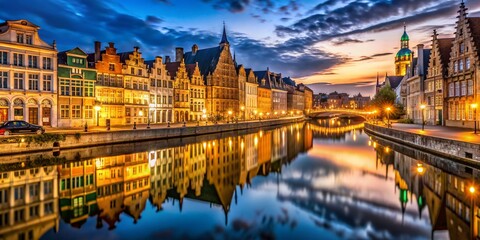Fototapeta premium Ghent, Belgium: Leie River Embankment at Night - Low Light Photography