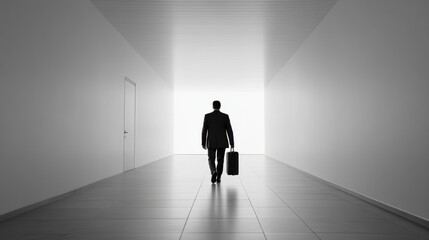 Obraz premium Executive departures in a hallway with a packed briefcase. Featuring career shift and leadership transition