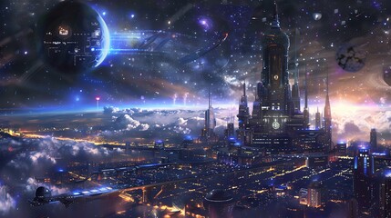 Obraz premium Futuristic Cityscape with Towers, Stars, Planets, and Technology in a Cosmic Environment