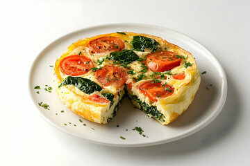 Delicious homemade quiche with fresh spinach and tomatoes on white plate
