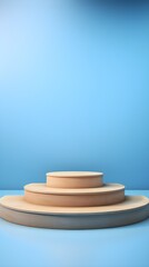 Minimalist Wooden Podium on Blue Background Product Display Platform