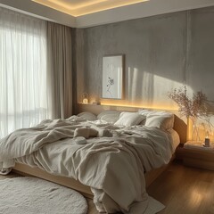 A minimalist bedroom showcasing a cozy and inviting bed setup