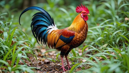  Sri Lankan junglefowl stands proudly on the forest floor, surrounded by lush green grass