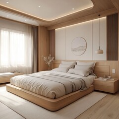 A Modern Minimalist Bedroom Featuring Warm Wood Tones