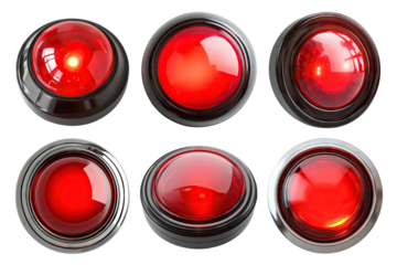 Set of bright red alert buttons, isolated on transparent cutout background