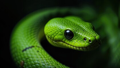 green snake on a black background