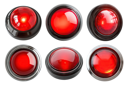 Set of bright red alert buttons, isolated on transparent cutout background