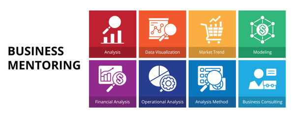 Business Analytic Glyph Solid Banner Web Icon Set Vector Illustration, Analysis Data Visualization Market Trend Modeling Financial Analysis Operational Method Consulting