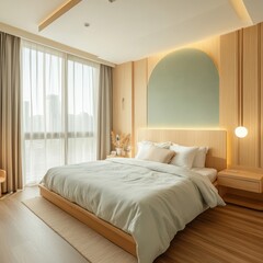 A modern bedroom has a bed and beautiful lighting