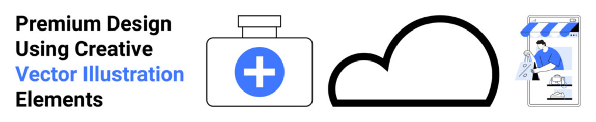 Fototapeta premium Medical kit with cross, cloud storage icon, and online pharmacy storefront highlights modern healthcare tools. Ideal for medical services, telemedicine, health apps, cloud solutions, ecommerce