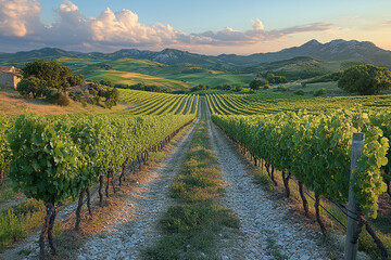 Rolling hills vineyard at sunset captures rural serenity and agriculture