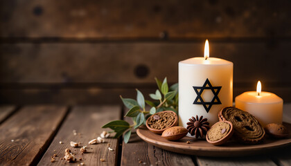 Star of David candle with nuts and spices on rustic table