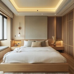 Contemporary bedroom with wooden panels and neutral tones shows great style