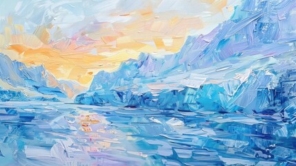 Obraz premium Vintage oil painting style, neutral colours, light highlights, soft tones depicting a beautiful arctic glacier sunset scene. 