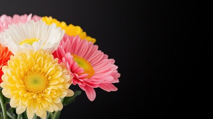 Colorful gerbera daisies bouquet, dark background, floral arrangement, greeting card design