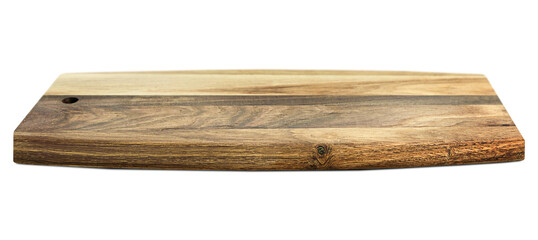 rectangular wooden cutting board on white isolated background, front view