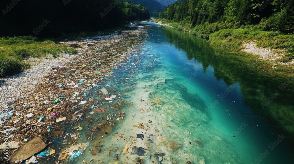 Poster comparison of polluted river filled with trash and pristine clear water stream showcasing environmen