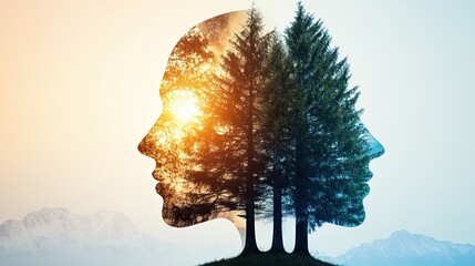 carbon footprint security e-wallet A creative blend of nature and identity, showcasing a dual silhouette intertwined with trees and sunlight.