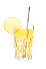 Refreshing iced tea with slice of lemon and drinking straw isolated on white