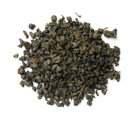 Pile of dry tea leaves isolated on white, top view