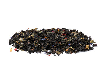 Pile of dry tea leaves isolated on white