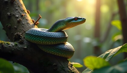 Fototapeta premium Green snake coiled on a tree branch under sunlight with blurred forest background