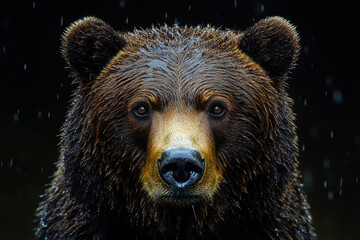 Obraz premium Contemplative Brown Bear Stares Intently in a Downpour