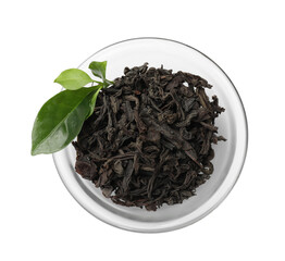 Dried and fresh tea leaves in bowl isolated on white, top view