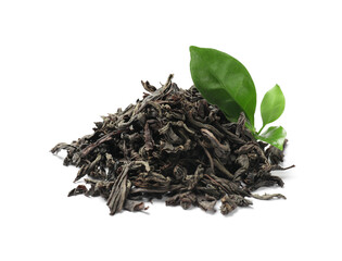 Pile of dried tea leaves isolated on white