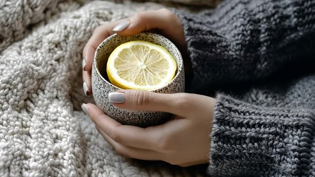 Woman with Herbal Tea banner. Female hands in warm sweater holding a cup of tea with lemon in a bed with plaid. Copy space. Cozy atmosphere, aesthetic minimal style. Autumn and winter theme. Vitamins